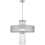 4 Light Brushed Nickel Pendant Chandelier with Clear Crystal Rods/ Hand Crafted Translucent Gray Fabric Shade-Lighting LumensChandeliers