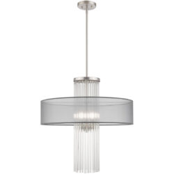 4 Light Brushed Nickel Pendant Chandelier with Clear Crystal Rods/ Hand Crafted Translucent Gray Fabric Shade-Lighting LumensChandeliers