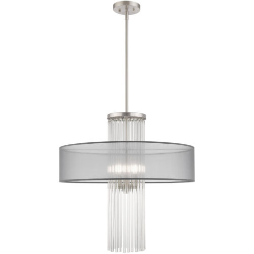 4 Light Brushed Nickel Pendant Chandelier with Clear Crystal Rods/ Hand Crafted Translucent Gray Fabric Shade-Lighting LumensChandeliers