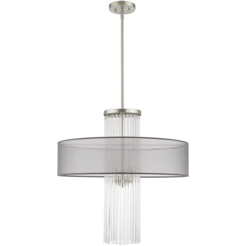 4 Light Brushed Nickel Pendant Chandelier with Clear Crystal Rods/ Hand Crafted Translucent Gray Fabric Shade-Lighting LumensChandeliers