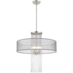 4 Light Brushed Nickel Pendant Chandelier with Clear Crystal Rods/ Hand Crafted Translucent Gray Fabric Shade-Lighting LumensChandeliers