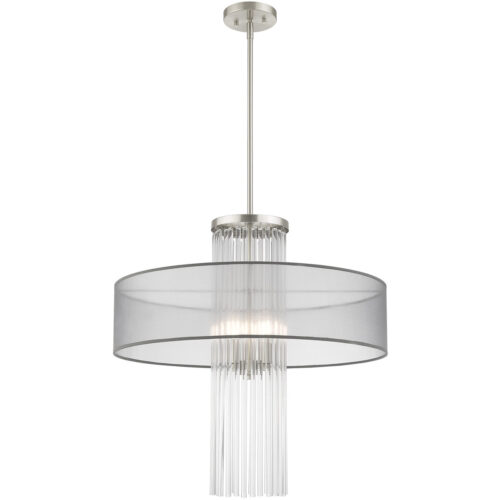 4 Light Brushed Nickel Pendant Chandelier with Clear Crystal Rods/ Hand Crafted Translucent Gray Fabric Shade-Lighting LumensChandeliers