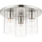 3 Light Brushed Nickel Flush Mount with Clear Glass Shade-Lighting LumensBath/Flush Mounts