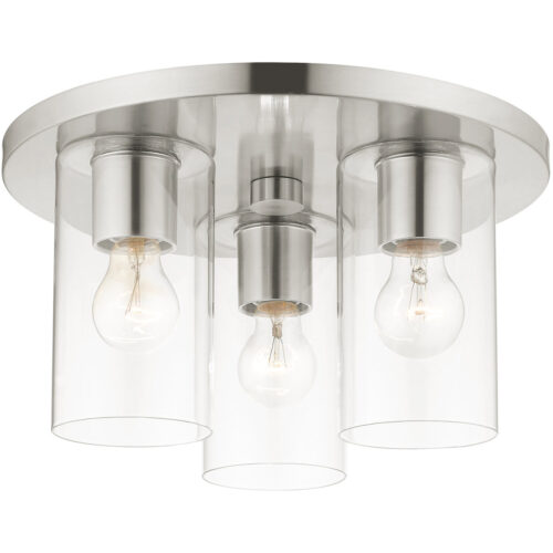 3 Light Brushed Nickel Flush Mount with Clear Glass Shade-Lighting LumensBath/Flush Mounts