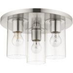 3 Light Brushed Nickel Flush Mount with Clear Glass Shade-Lighting LumensBath/Flush Mounts