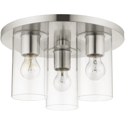 3 Light Brushed Nickel Flush Mount with Clear Glass Shade-Lighting LumensBath/Flush Mounts