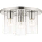 3 Light Brushed Nickel Flush Mount with Clear Glass Shade-Lighting LumensBath/Flush Mounts