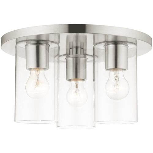 3 Light Brushed Nickel Flush Mount with Clear Glass Shade-Lighting LumensBath/Flush Mounts