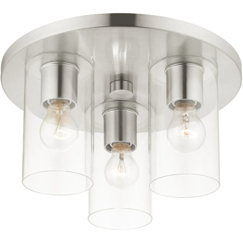 3 Light Brushed Nickel Flush Mount with Clear Glass Shade-Lighting LumensBath/Flush Mounts