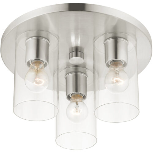 3 Light Brushed Nickel Flush Mount with Clear Glass Shade-Lighting LumensBath/Flush Mounts