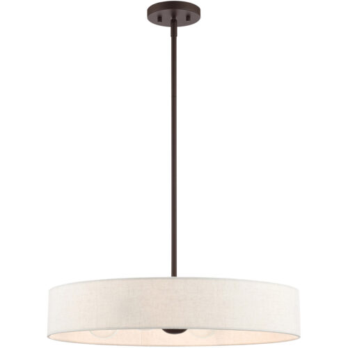 4 Light Bronze Chandelier with Hand Crafted Oatmeal Fabric Hardback Shade-Lighting LumensChandeliers