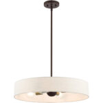 4 Light Bronze Chandelier with Hand Crafted Oatmeal Fabric Hardback Shade-Lighting LumensChandeliers