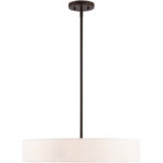 4 Light Bronze Chandelier with Hand Crafted Oatmeal Fabric Hardback Shade-Lighting LumensChandeliers