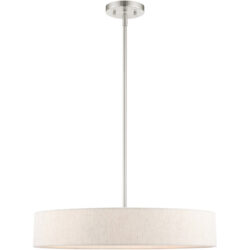 4 Light Brushed Nickel Chandelier with Hand Crafted Oatmeal Fabric Hardback Shade-Lighting LumensChandeliers