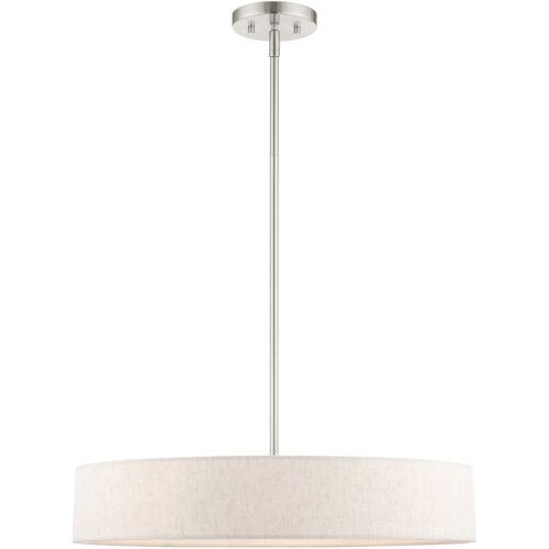 4 Light Brushed Nickel Chandelier with Hand Crafted Oatmeal Fabric Hardback Shade-Lighting LumensChandeliers