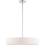 4 Light Brushed Nickel Chandelier with Hand Crafted Oatmeal Fabric Hardback Shade-Lighting LumensChandeliers