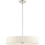 4 Light Brushed Nickel Chandelier with Hand Crafted Oatmeal Fabric Hardback Shade-Lighting LumensChandeliers