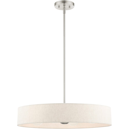 4 Light Brushed Nickel Chandelier with Hand Crafted Oatmeal Fabric Hardback Shade-Lighting LumensChandeliers