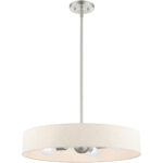 4 Light Brushed Nickel Chandelier with Hand Crafted Oatmeal Fabric Hardback Shade-Lighting LumensChandeliers