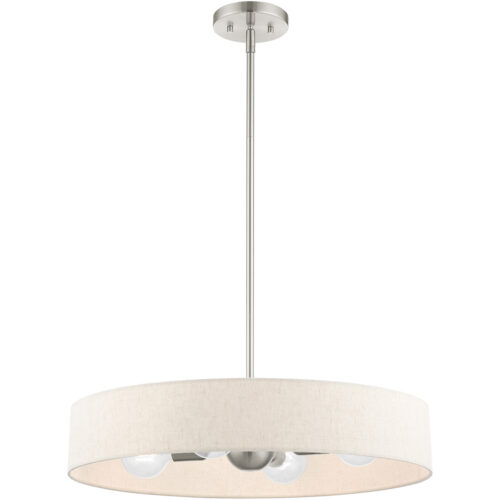 4 Light Brushed Nickel Chandelier with Hand Crafted Oatmeal Fabric Hardback Shade-Lighting LumensChandeliers