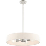 4 Light Brushed Nickel Chandelier with Hand Crafted Oatmeal Fabric Hardback Shade-Lighting LumensChandeliers