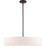 5 Light Bronze Chandelier with Hand Crafted Oatmeal Fabric Hardback Shade-Lighting LumensChandeliers