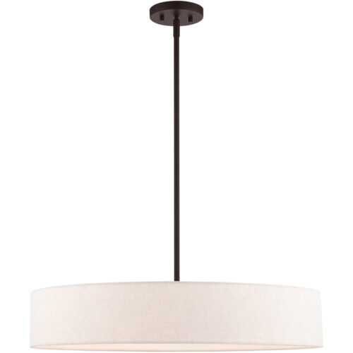 5 Light Bronze Chandelier with Hand Crafted Oatmeal Fabric Hardback Shade-Lighting LumensChandeliers