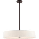 5 Light Bronze Chandelier with Hand Crafted Oatmeal Fabric Hardback Shade-Lighting LumensChandeliers