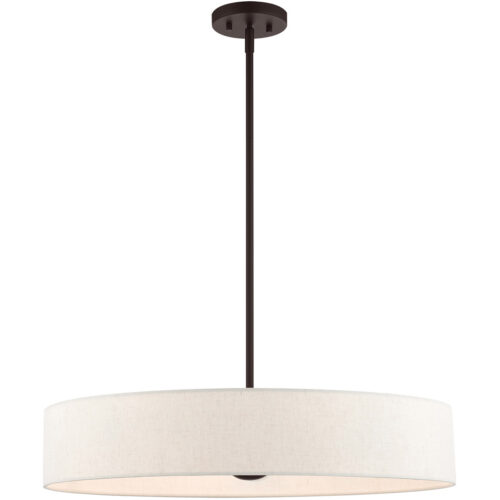 5 Light Bronze Chandelier with Hand Crafted Oatmeal Fabric Hardback Shade-Lighting LumensChandeliers