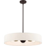 5 Light Bronze Chandelier with Hand Crafted Oatmeal Fabric Hardback Shade-Lighting LumensChandeliers