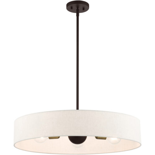 5 Light Bronze Chandelier with Hand Crafted Oatmeal Fabric Hardback Shade-Lighting LumensChandeliers