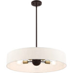 5 Light Bronze Chandelier with Hand Crafted Oatmeal Fabric Hardback Shade-Lighting LumensChandeliers