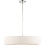 5 Light Brushed Nickel Chandelier with Hand Crafted Oatmeal Fabric Hardback Shade-Lighting LumensChandeliers