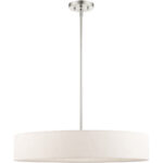 5 Light Brushed Nickel Chandelier with Hand Crafted Oatmeal Fabric Hardback Shade-Lighting LumensChandeliers