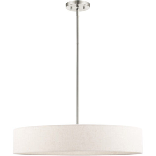 5 Light Brushed Nickel Chandelier with Hand Crafted Oatmeal Fabric Hardback Shade-Lighting LumensChandeliers