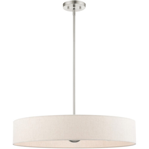 5 Light Brushed Nickel Chandelier with Hand Crafted Oatmeal Fabric Hardback Shade-Lighting LumensChandeliers