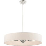 5 Light Brushed Nickel Chandelier with Hand Crafted Oatmeal Fabric Hardback Shade-Lighting LumensChandeliers