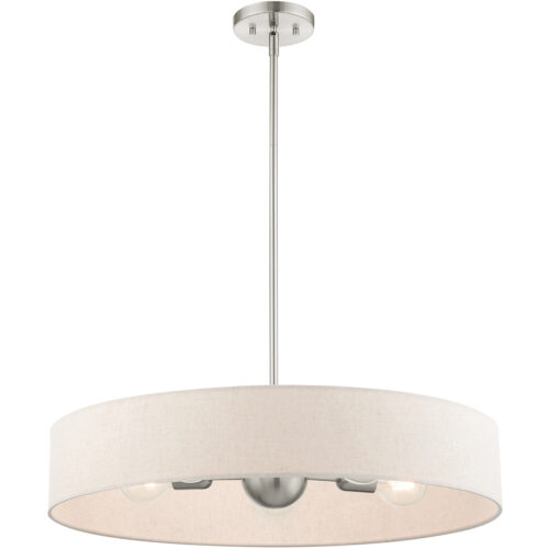 5 Light Brushed Nickel Chandelier with Hand Crafted Oatmeal Fabric Hardback Shade-Lighting LumensChandeliers