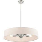 5 Light Brushed Nickel Chandelier with Hand Crafted Oatmeal Fabric Hardback Shade-Lighting LumensChandeliers