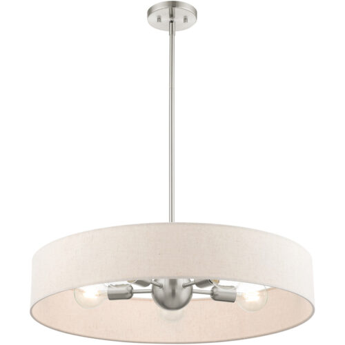 5 Light Brushed Nickel Chandelier with Hand Crafted Oatmeal Fabric Hardback Shade-Lighting LumensChandeliers