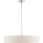 5 Light Brushed Nickel Chandelier with Hand Crafted Oatmeal Fabric Hardback Shade-Lighting LumensChandeliers