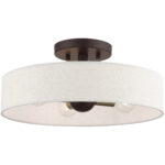 4 Light Bronze Semi Flush Mount with Hand Crafted Oatmeal Fabric Hardback Shade-Lighting LumensSemi Flush