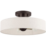 4 Light Bronze Semi Flush Mount with Hand Crafted Oatmeal Fabric Hardback Shade-Lighting LumensSemi Flush