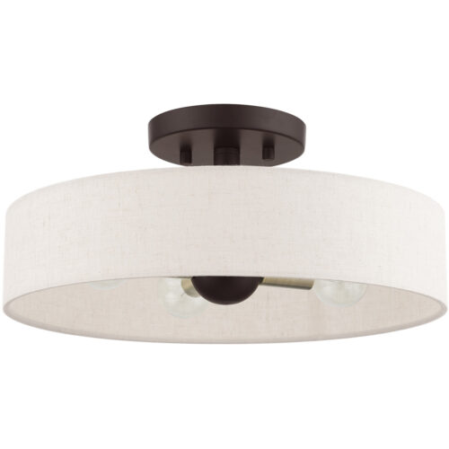 4 Light Bronze Semi Flush Mount with Hand Crafted Oatmeal Fabric Hardback Shade-Lighting LumensSemi Flush