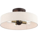 4 Light Bronze Semi Flush Mount with Hand Crafted Oatmeal Fabric Hardback Shade-Lighting LumensSemi Flush