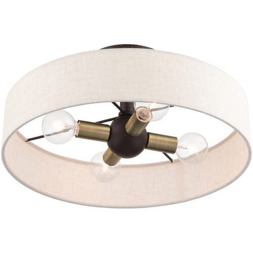 4 Light Bronze Semi Flush Mount with Hand Crafted Oatmeal Fabric Hardback Shade-Lighting LumensSemi Flush