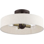 4 Light Bronze Semi Flush Mount with Hand Crafted Oatmeal Fabric Hardback Shade-Lighting LumensSemi Flush