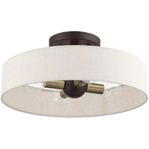 4 Light Bronze Semi Flush Mount with Hand Crafted Oatmeal Fabric Hardback Shade-Lighting LumensSemi Flush