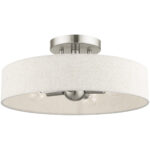 4 Light Brushed Nickel Semi Flush Mount with Hand Crafted Oatmeal Fabric Hardback Shade-Lighting LumensSemi Flush