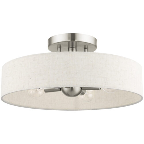 4 Light Brushed Nickel Semi Flush Mount with Hand Crafted Oatmeal Fabric Hardback Shade-Lighting LumensSemi Flush